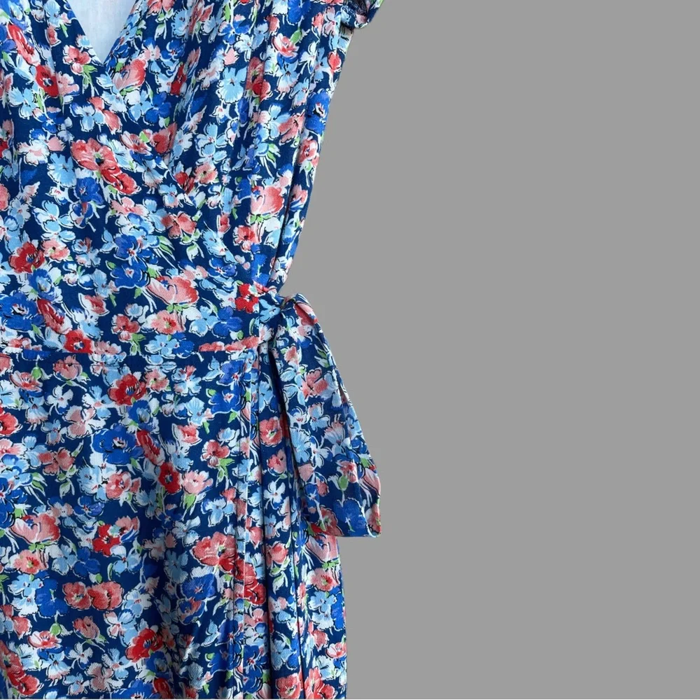 SEZANE Blue Pink Floral Printed V Neck Amber Midi Wrap Dress Summer Sun Dress